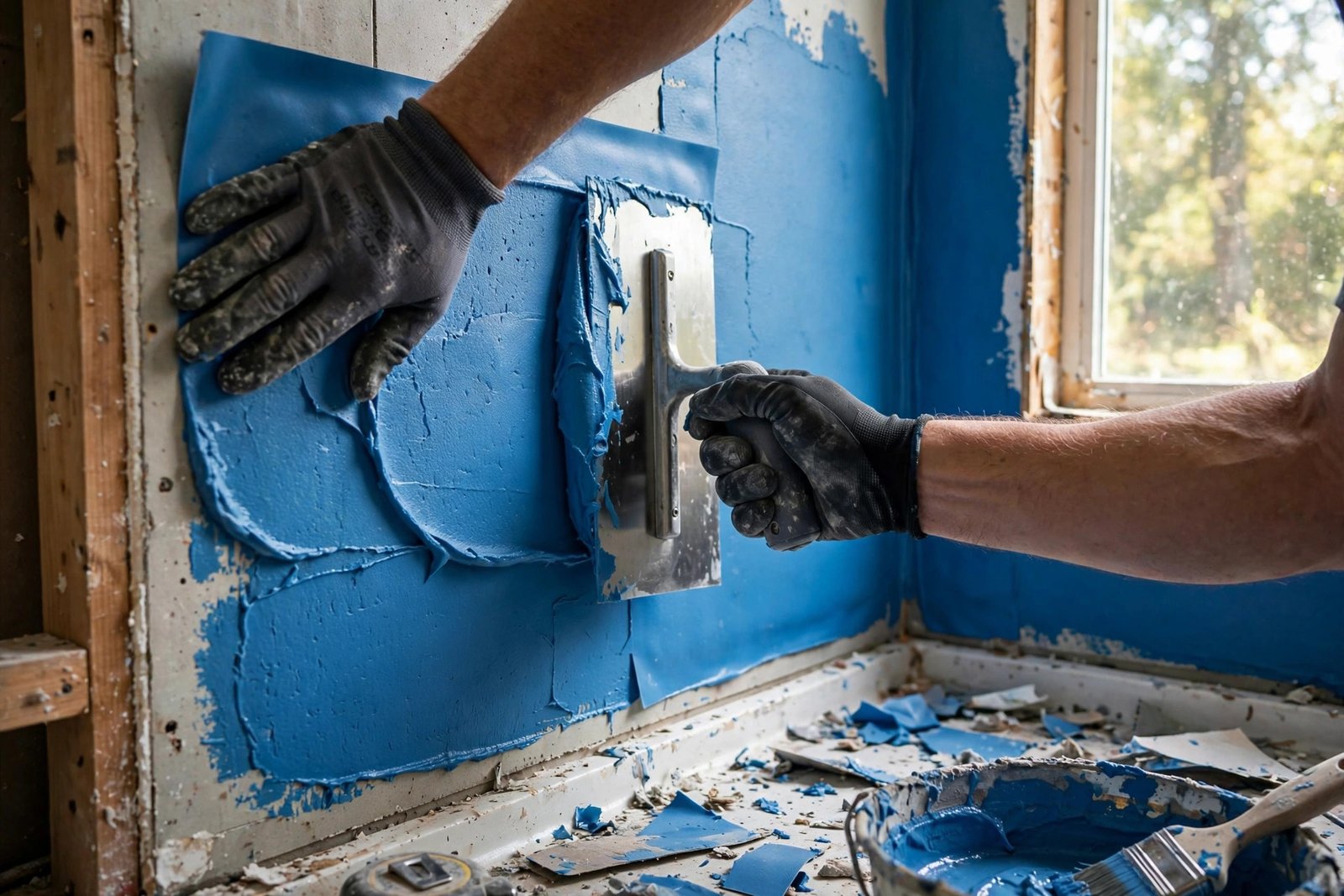 contractor rolling liquid waterproofing membrane onto cement board shower walls in a BC bathroom renovation