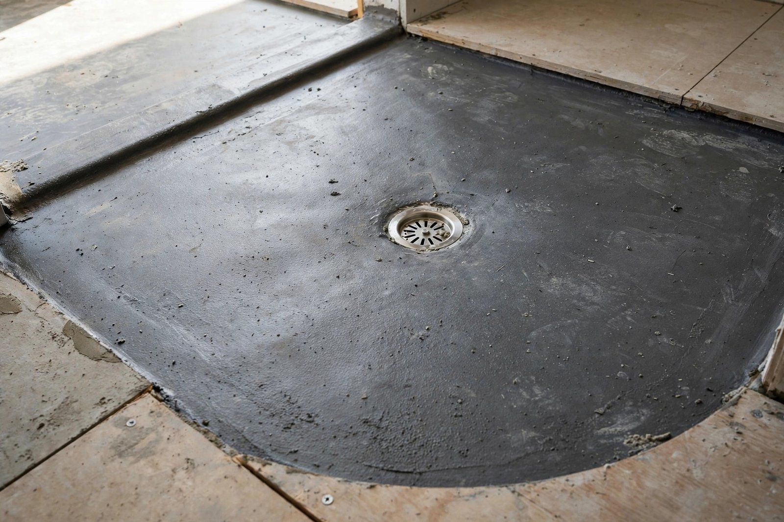 curbless shower pan with linear drain, waterproofed and ready for tile in an Abbotsford bathroom