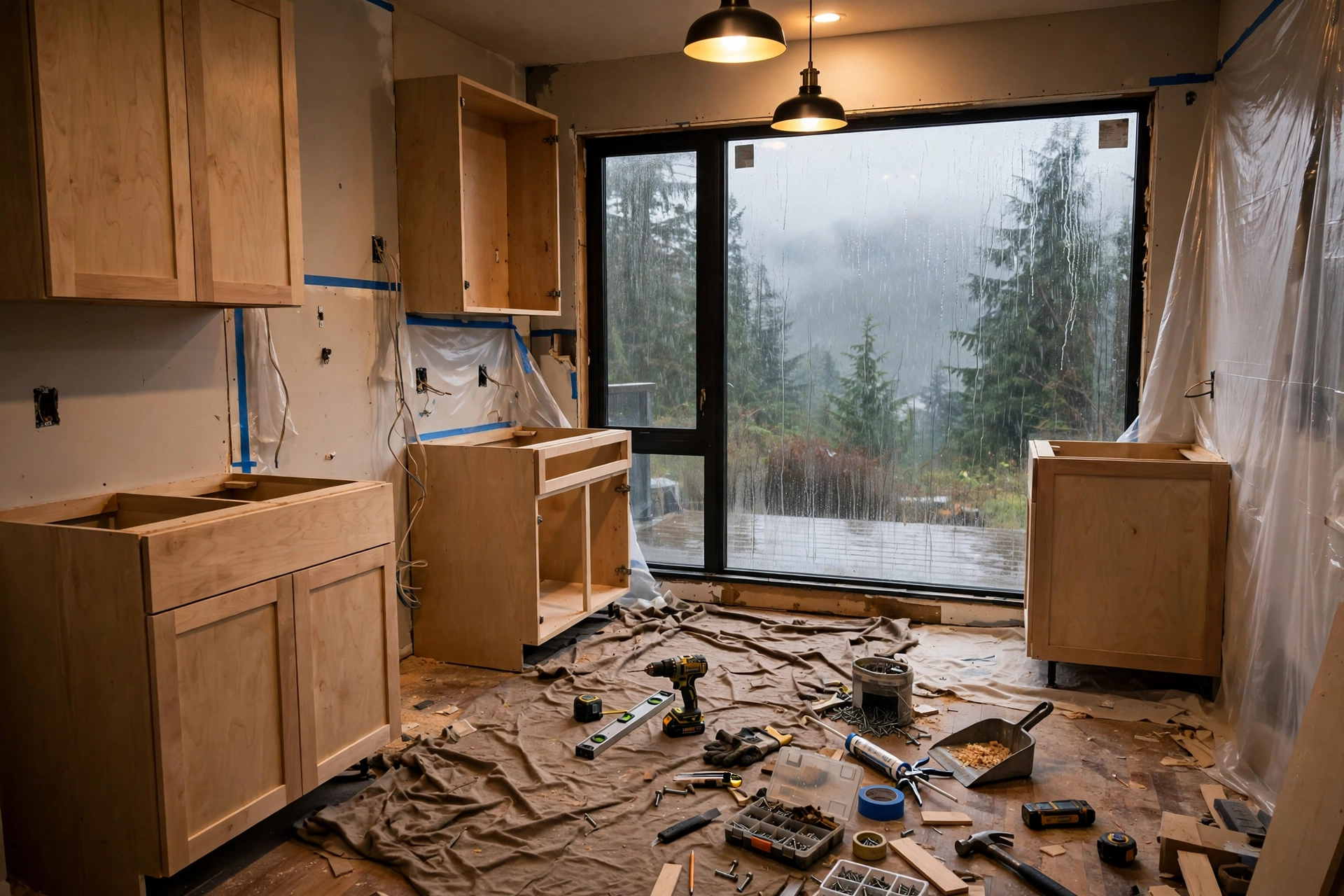Contractor reviewing a renovation calendar in a BC home during winter
