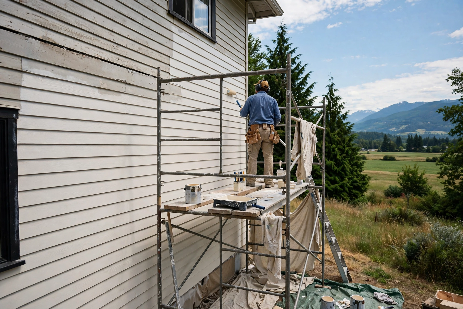 Exterior painting underway on a Fraser Valley home during a dry summer week