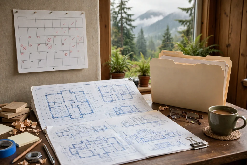 building permit timeline BC — renovation plans and a permit application beside a calendar on a desk