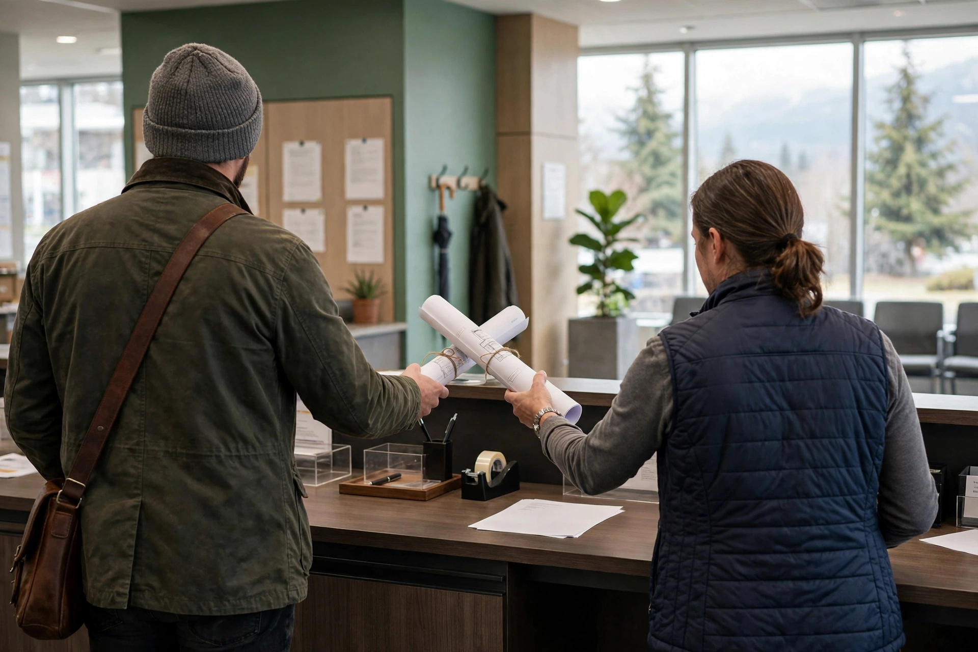 homeowner reviewing drawings for a building permit application in Abbotsford BC