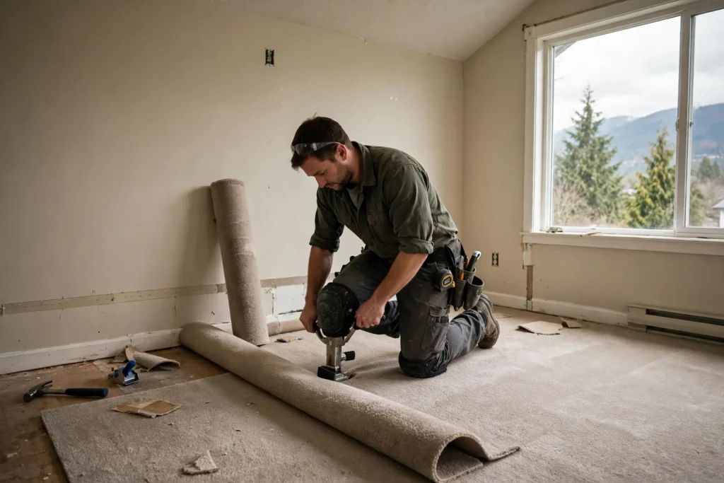 carpet installation cost BC — new carpet being installed in a BC home bedroom