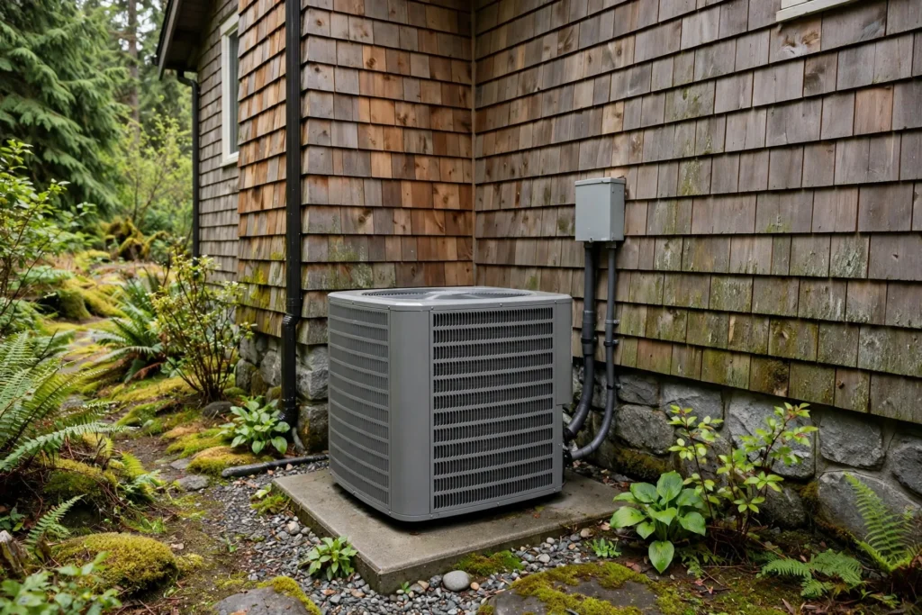 central air conditioning installation cost BC — central AC condenser unit beside a BC home
