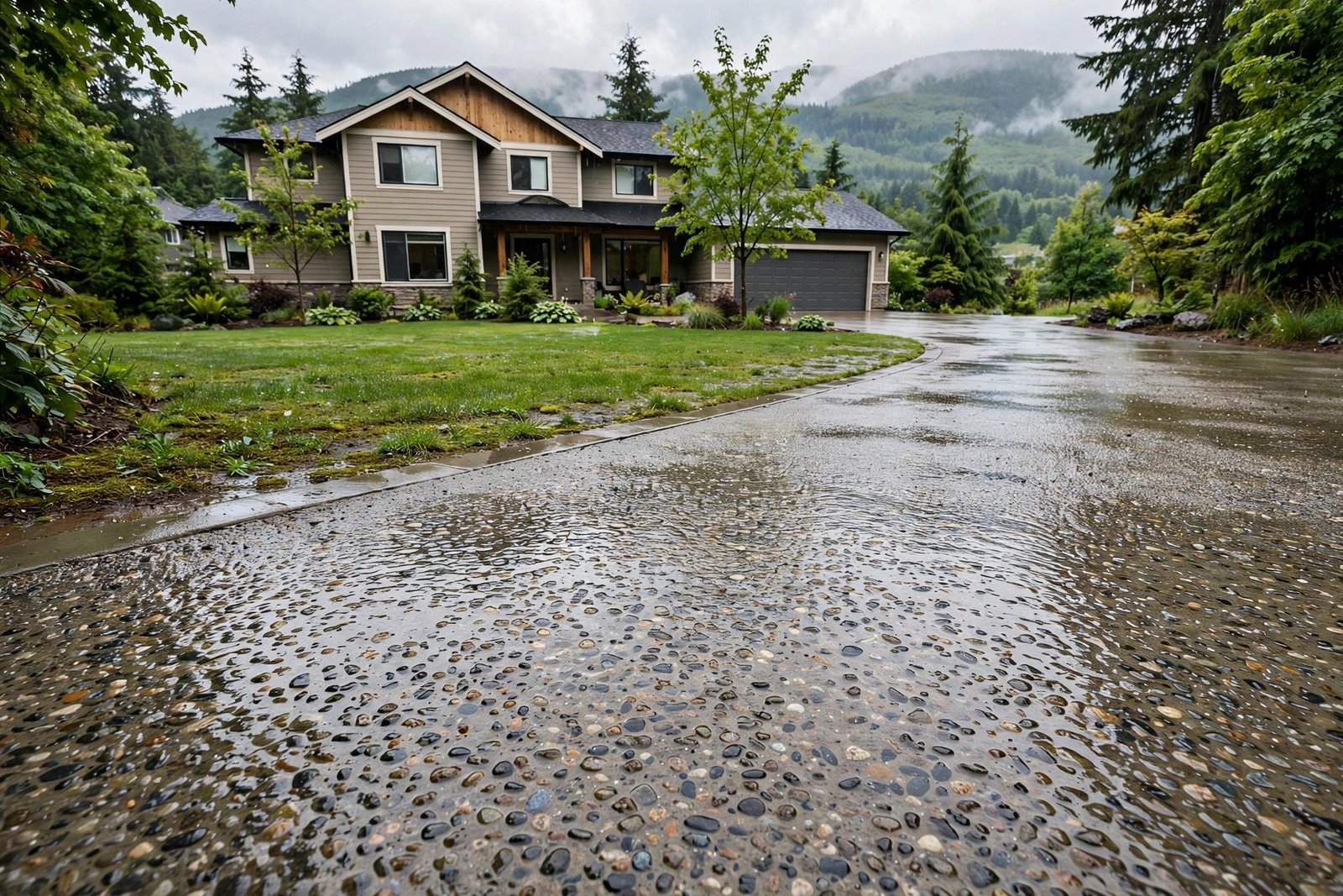 Freshly poured exposed aggregate concrete driveway at a Fraser Valley home