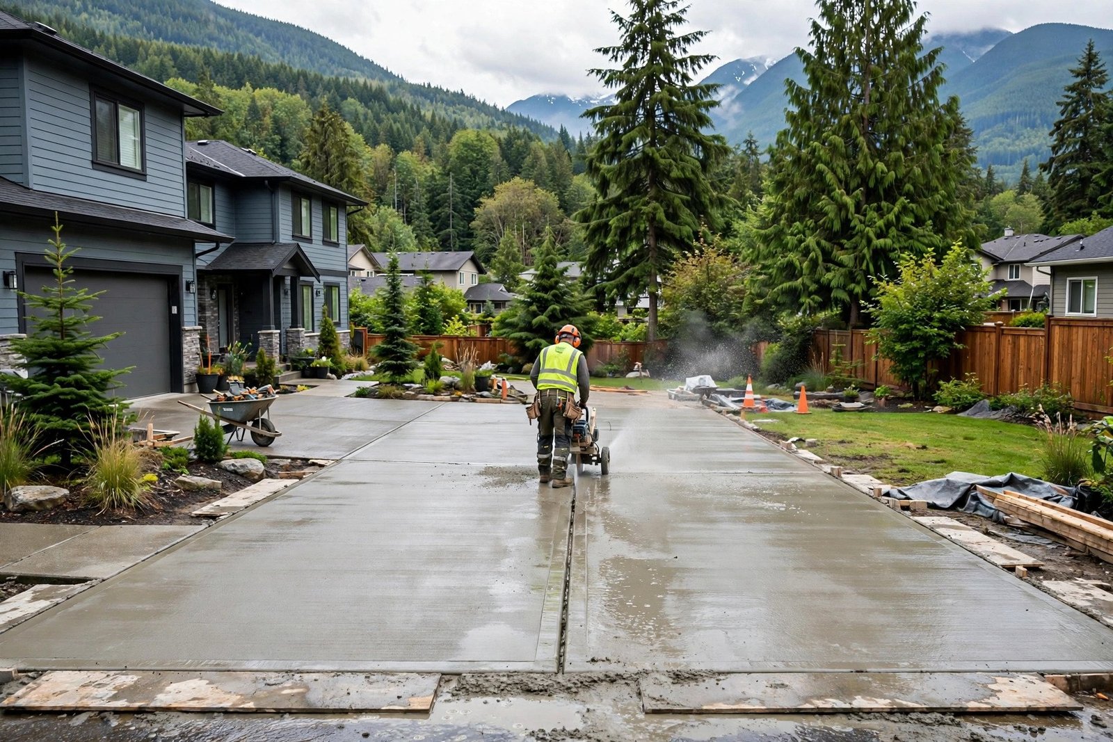 Contractor cutting control joints into a new concrete driveway before it fully cures