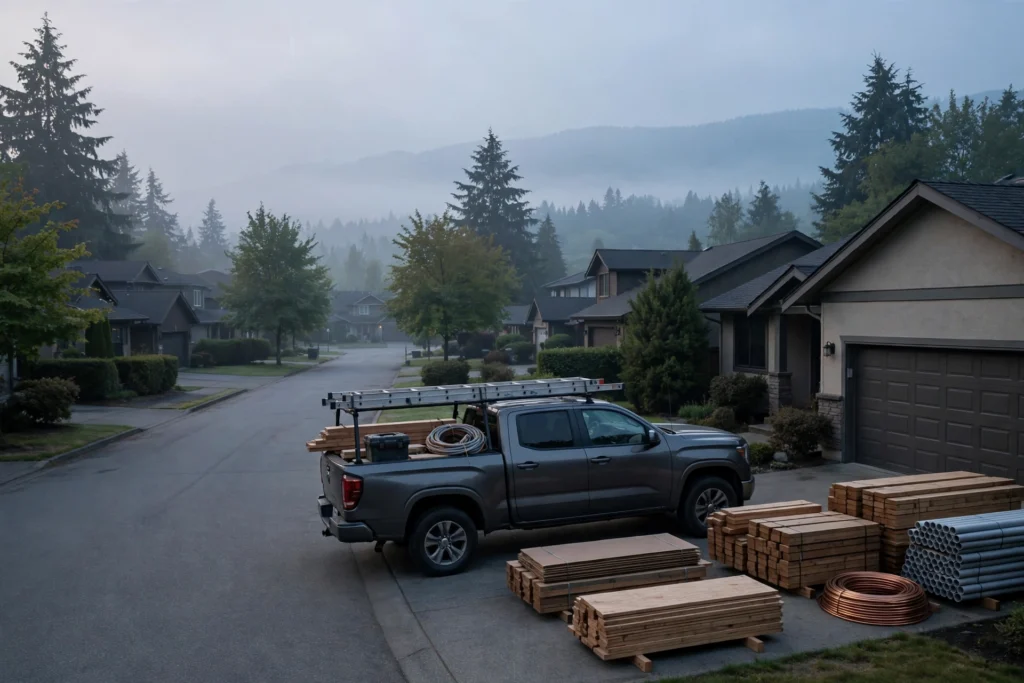 construction noise hours BC — contractor starting renovation work in the morning on a quiet residential street in Abbotsford BC