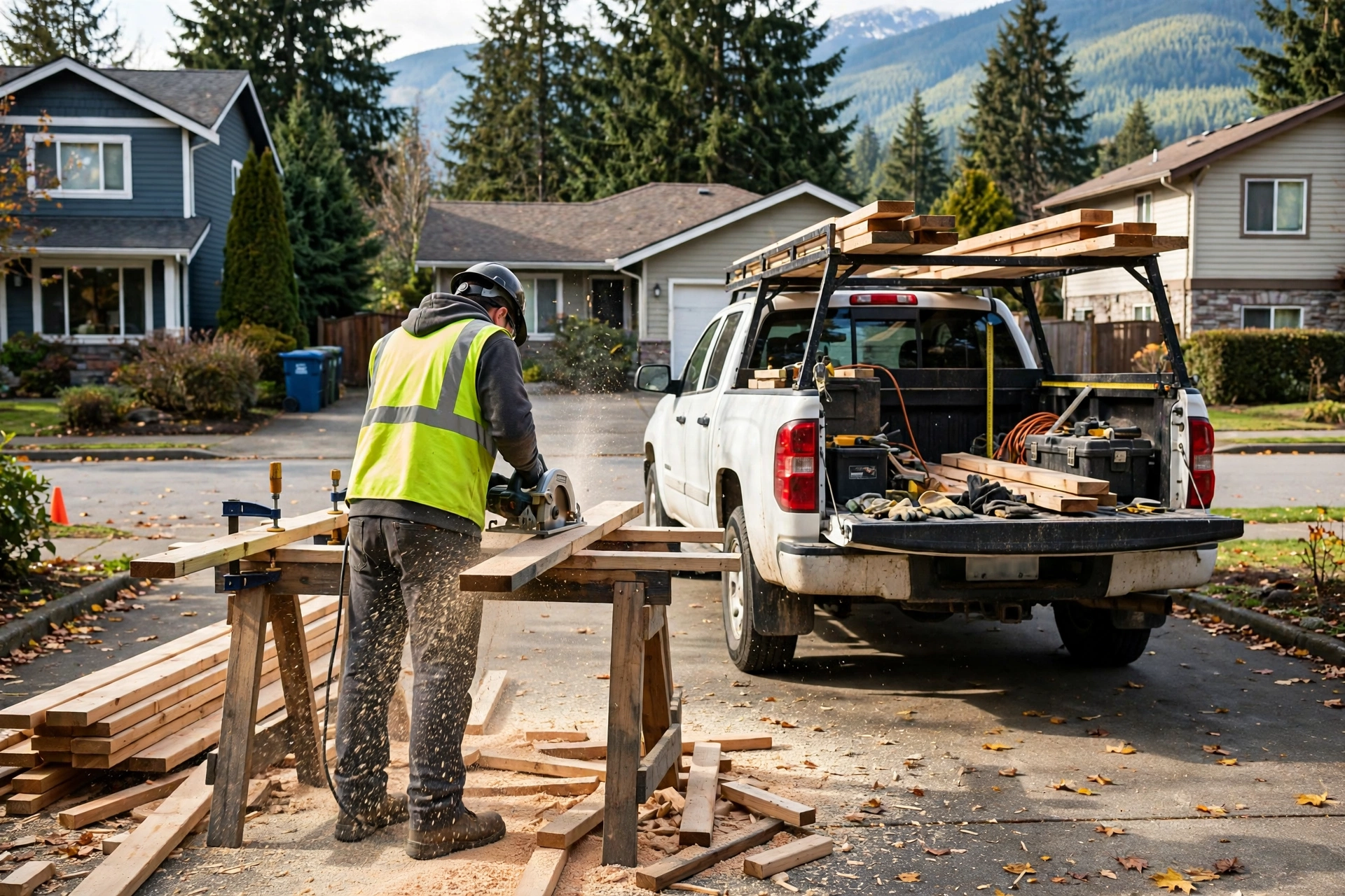 Renovation crew starting quiet setup work early in the morning on an Abbotsford residential street