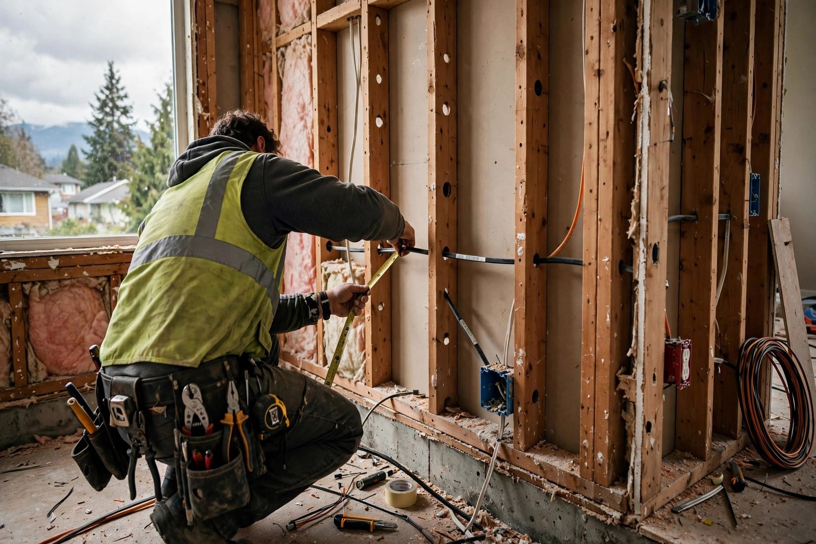licensed electrician fishing new electrical wire through open wall studs during a home rewire in BC