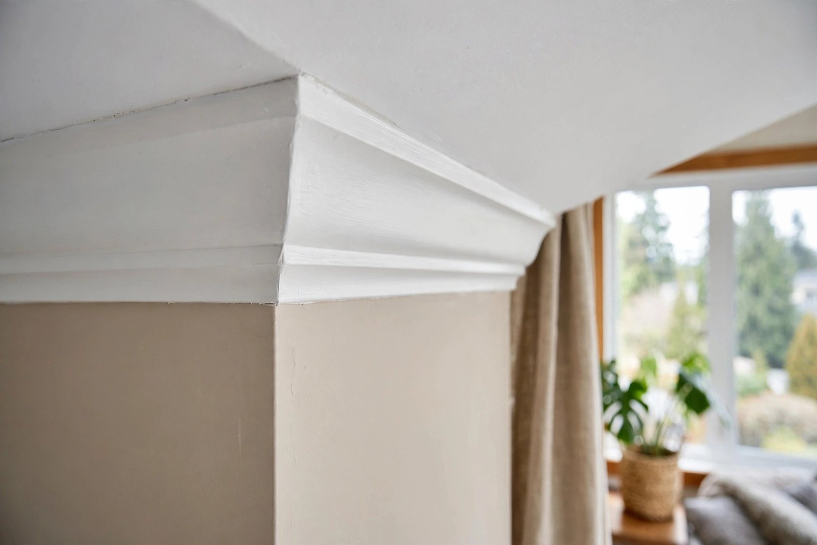 painted crown moulding detail where a renovated BC living room ceiling meets the wall, showing a crisp white profile