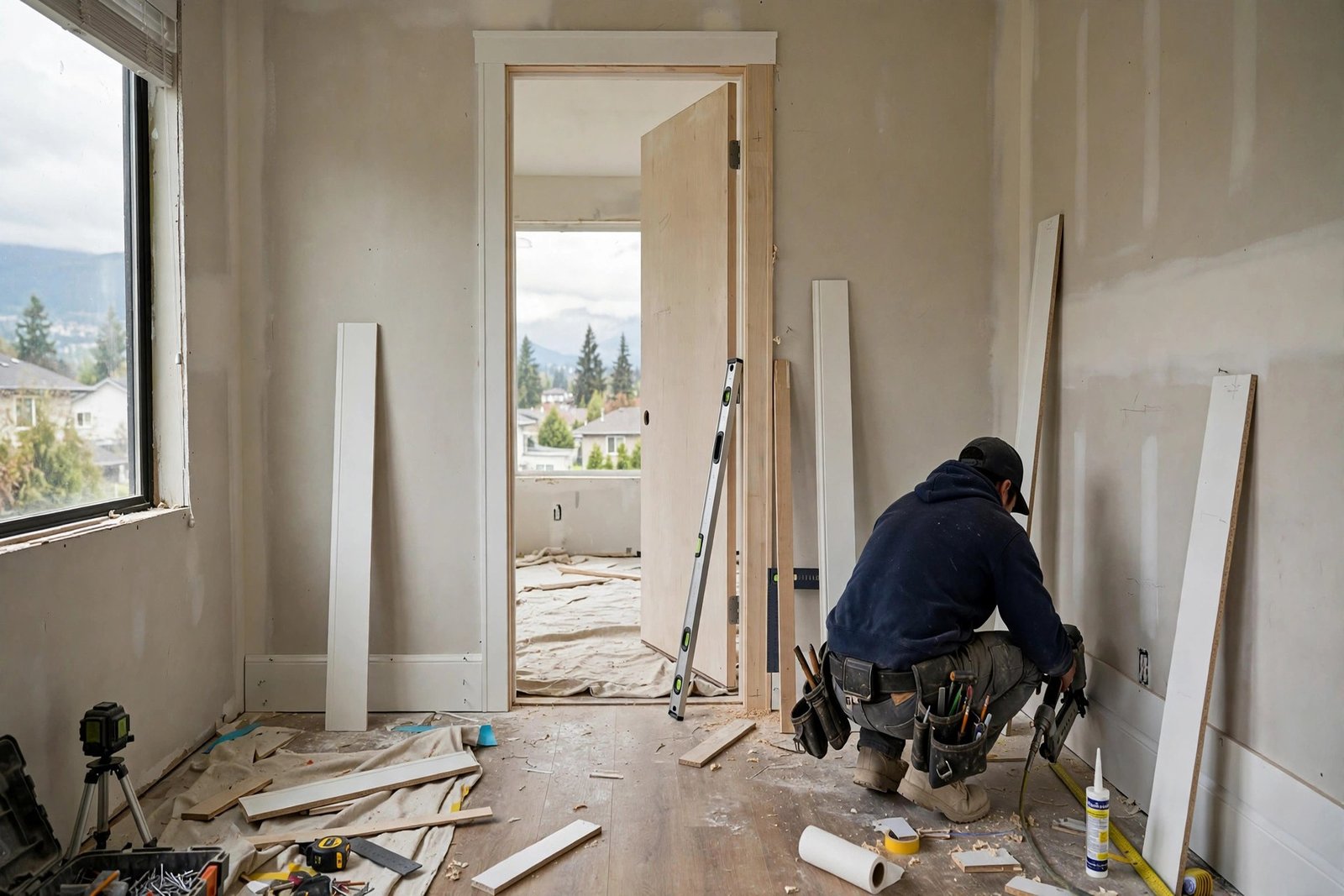 new tall baseboards and door casing being installed in an Abbotsford home during a trim carpentry project