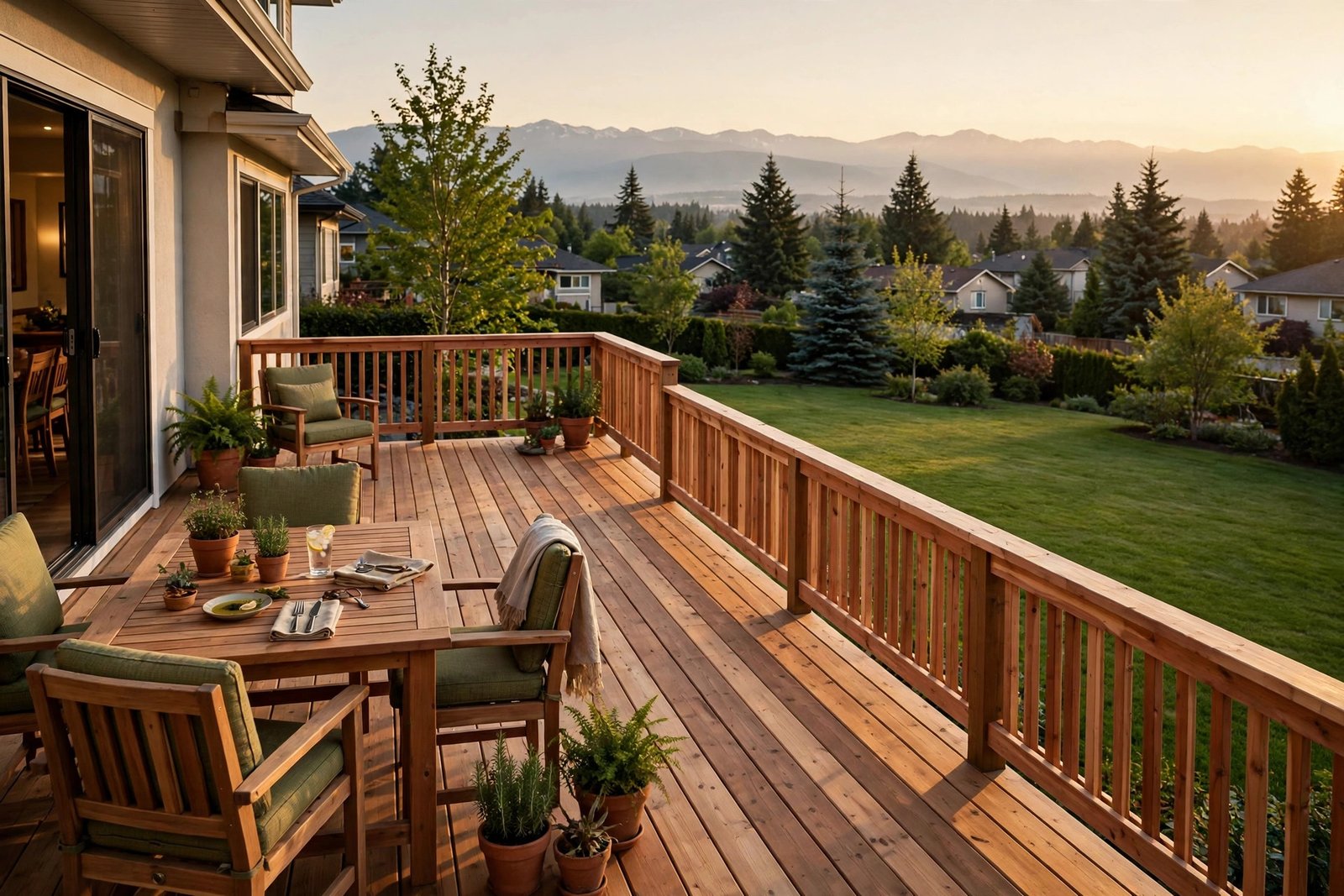 Newly built backyard deck with dining area in Abbotsford