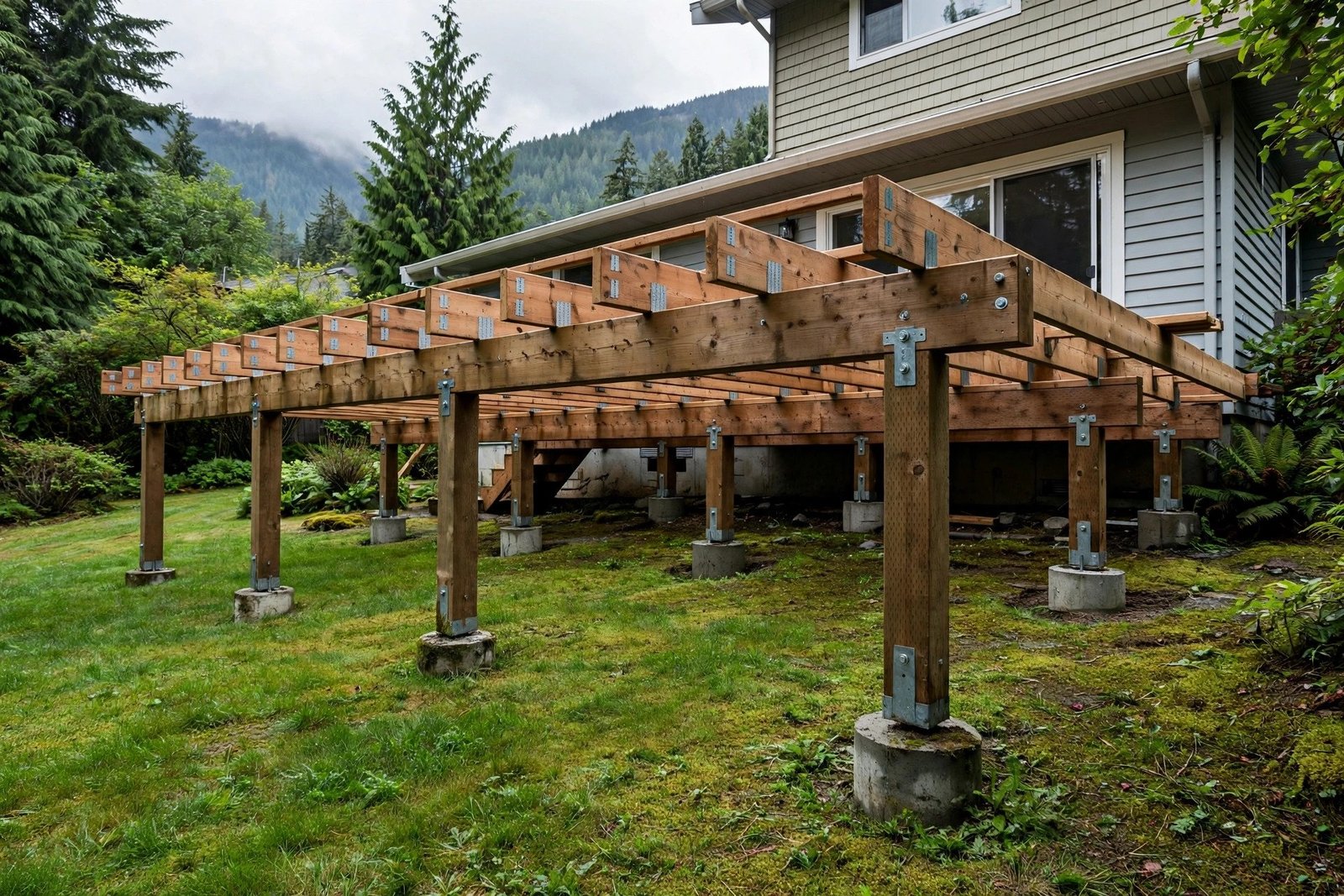 Raised backyard deck under construction in Abbotsford BC with posts and footings visible