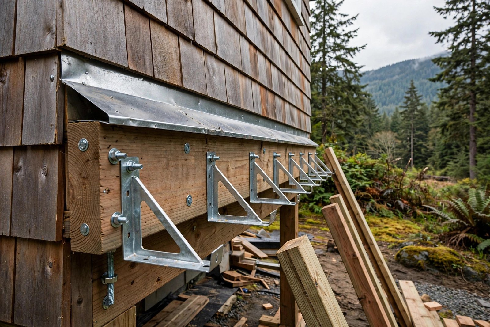 Deck ledger board bolted to a house with flashing during a deck build in British Columbia
