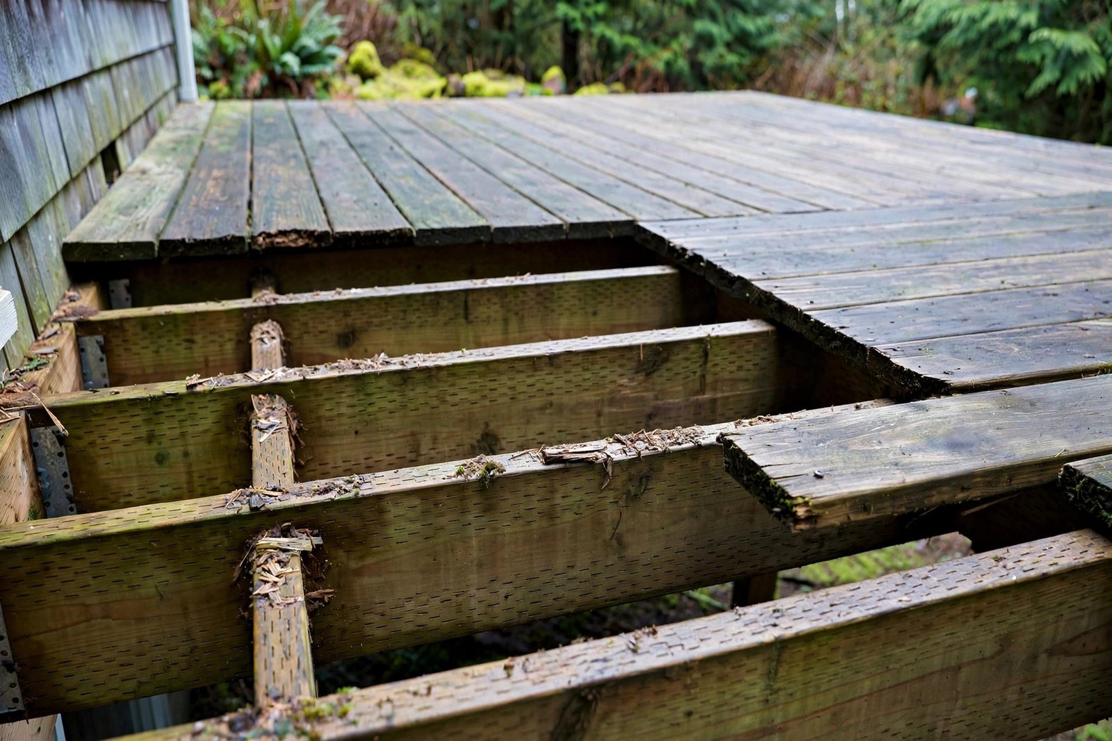 close-up of old weathered cedar deck boards pulled up to reveal the pressure-treated joists and framing underneath on a BC deck