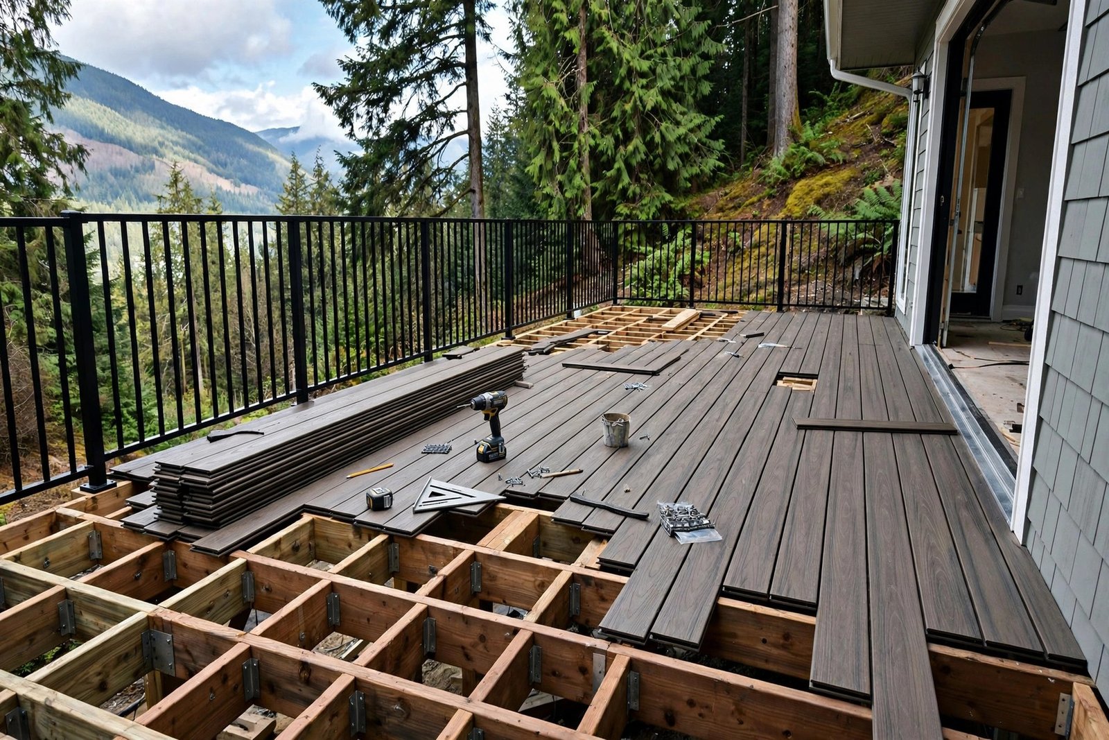 Composite deck with glass railings on an elevated home in Abbotsford