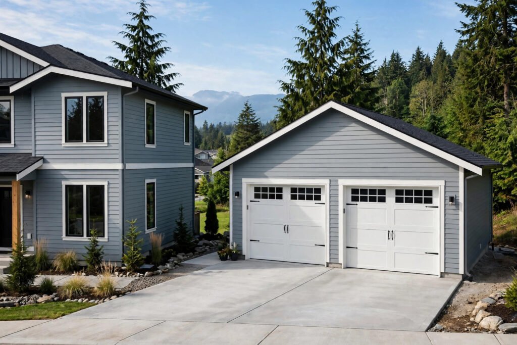 detached garage building cost BC — newly built detached double garage beside a BC home with concrete driveway