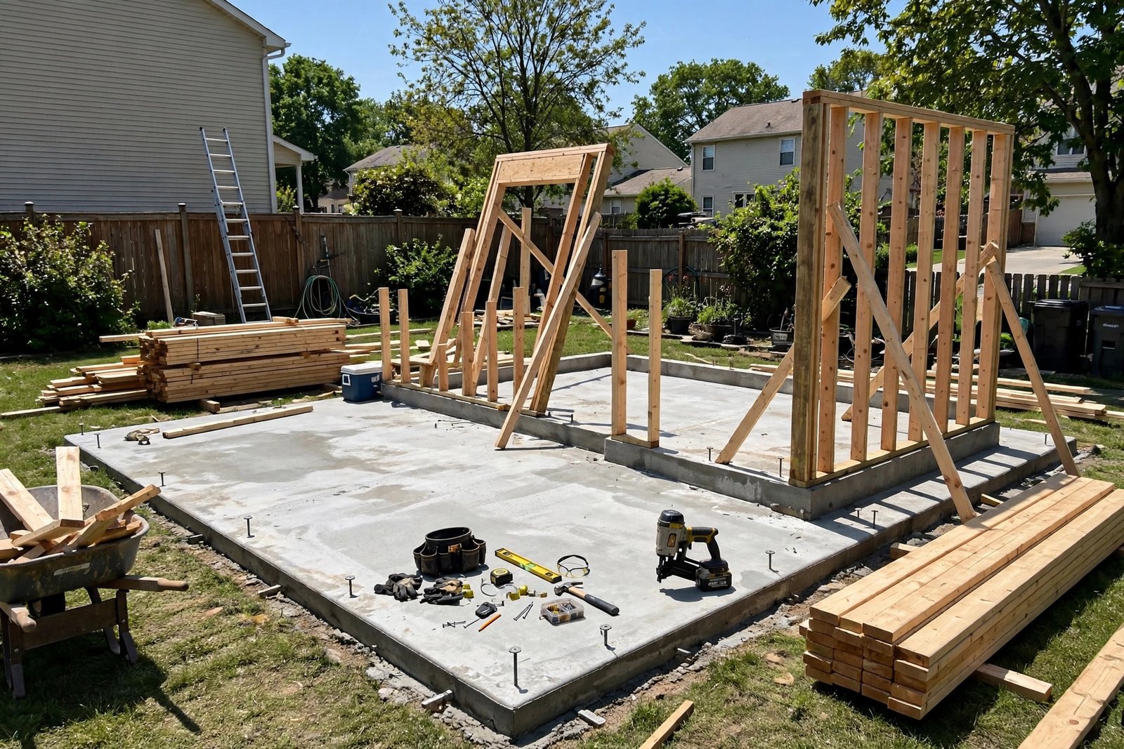 detached garage under construction in BC with concrete slab poured and wall framing going up