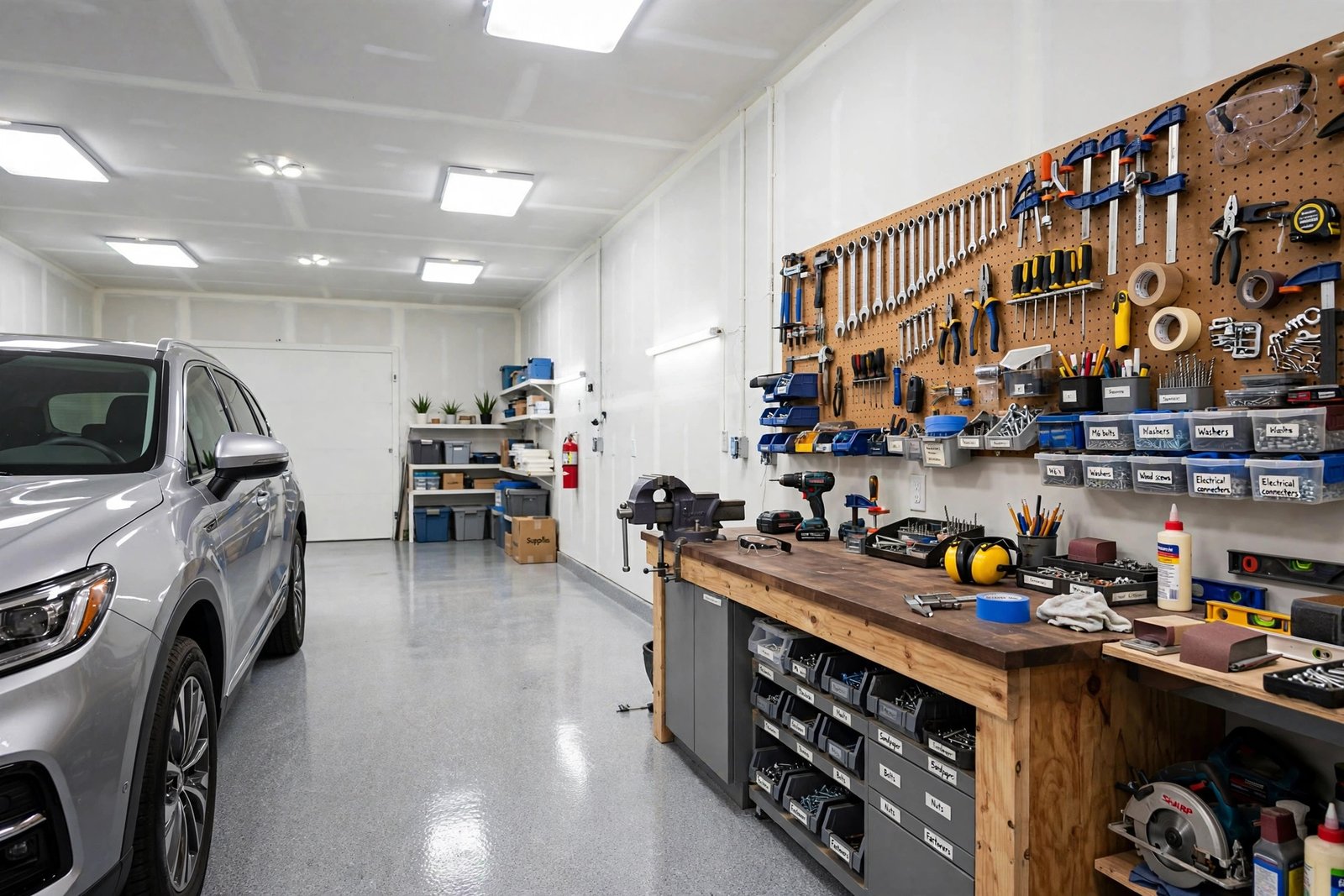 finished detached double garage in BC converted to a bright workshop with workbench and tool storage
