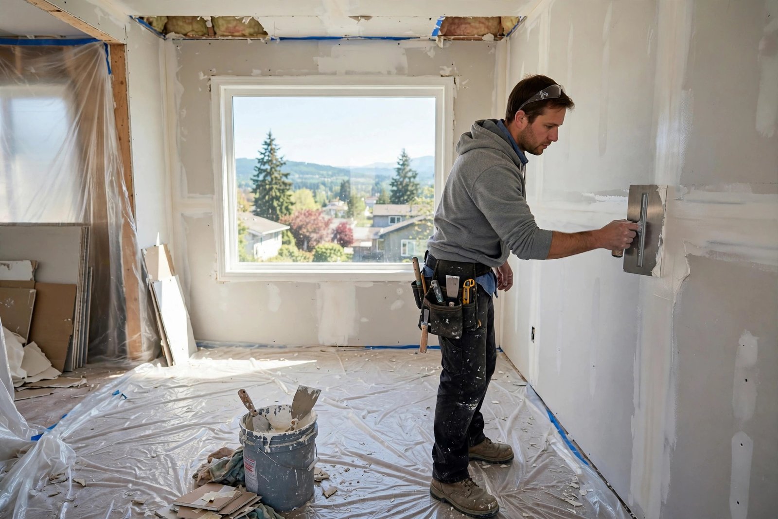 Worker applying joint compound to new drywall in a bright Abbotsford renovation