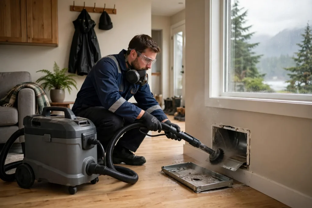 duct cleaning cost BC — technician cleaning residential ductwork vents in a BC home