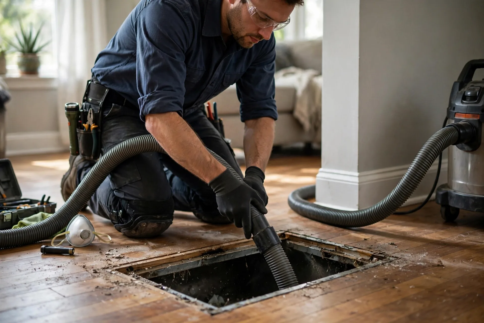 technician cleaning residential air ducts in a BC home with a negative-air machine and rotary brush system connected to the trunk line