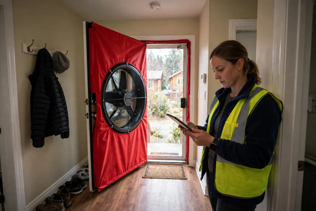 EnerGuide home evaluation cost BC — energy advisor running a blower door test during a home energy evaluation in BC