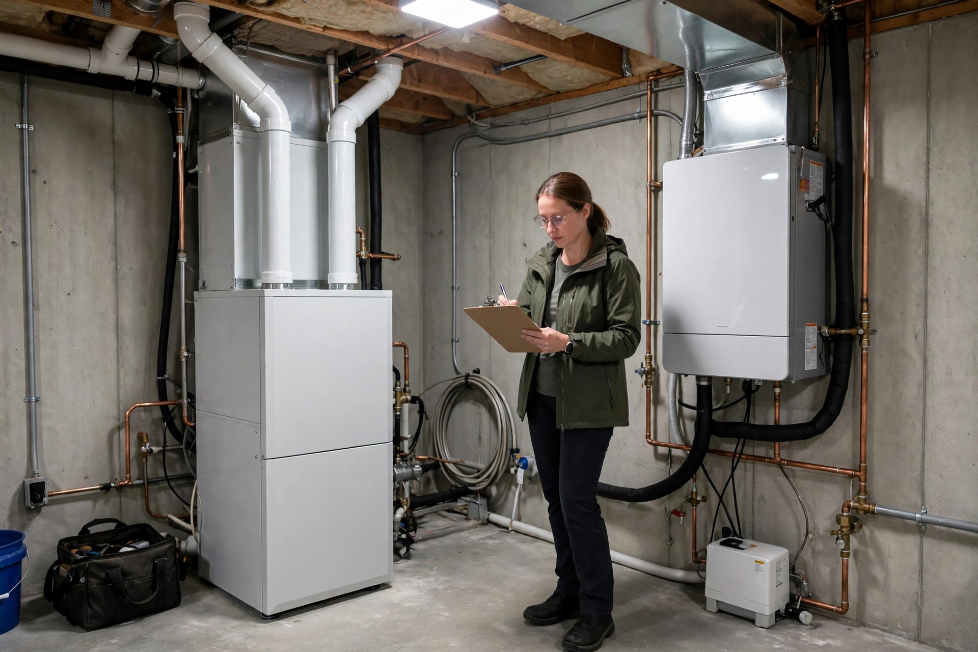 Energy advisor checking attic insulation depth during a home evaluation in BC