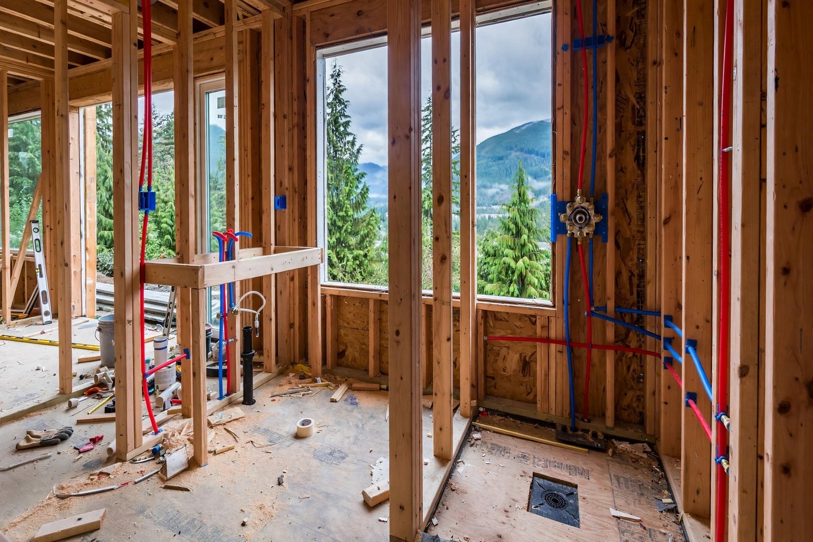 new ensuite bathroom under construction in a BC home with plumbing rough-in, shower drain and supply lines visible before drywall