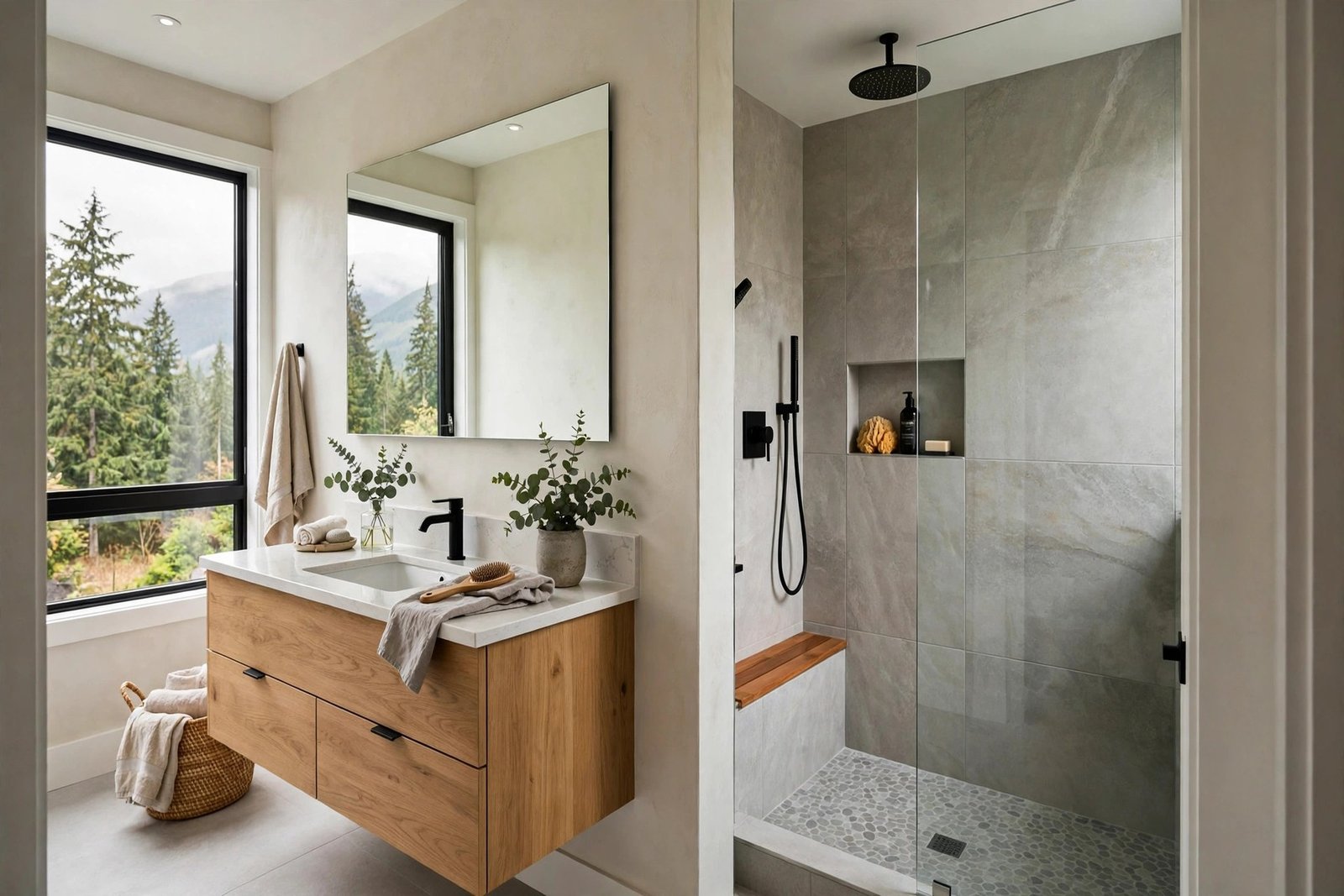Finished ensuite bathroom addition in a BC home with a walk-in tiled shower, floating vanity and frameless glass panel