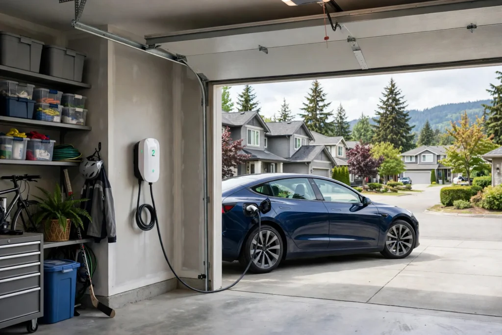 EV charger installation cost BC — Level 2 home EV charger installed in a BC garage with an electric car plugged in