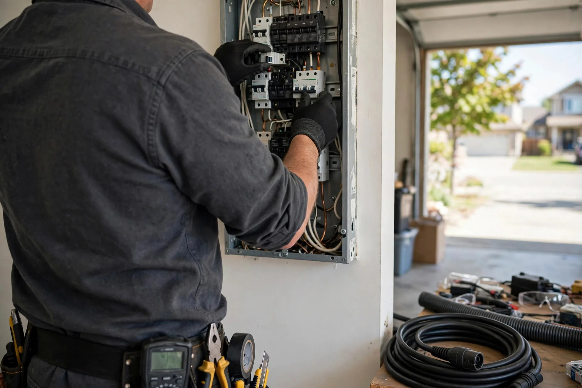 Electrician checking a home electrical panel before an EV charger installation in BC