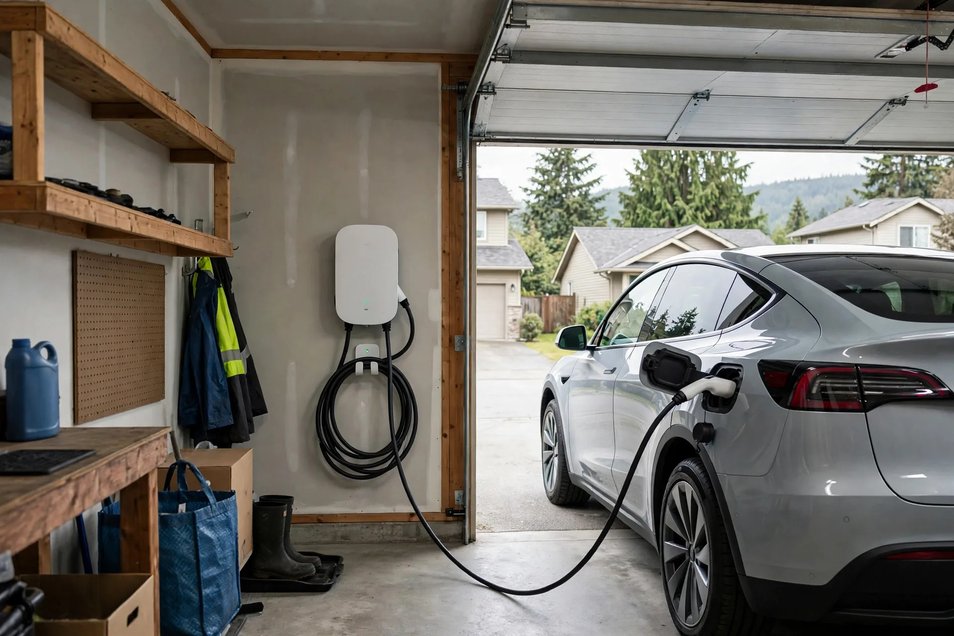 Level 2 EV charger mounted in a BC home garage with car plugged in