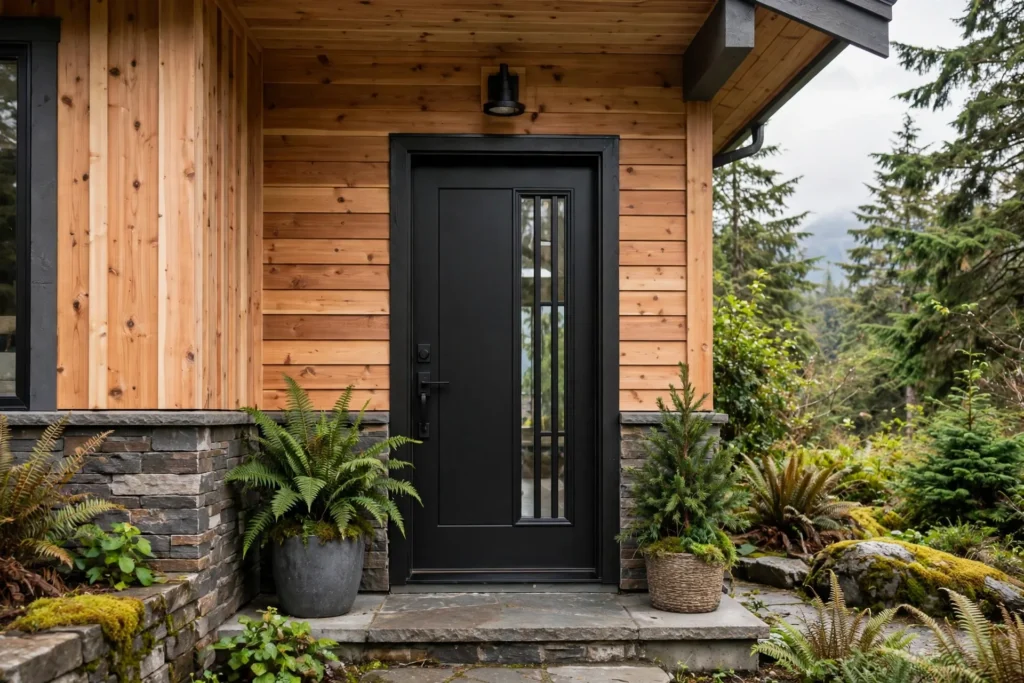 exterior door replacement cost BC — new fiberglass front entry door installed on a BC home