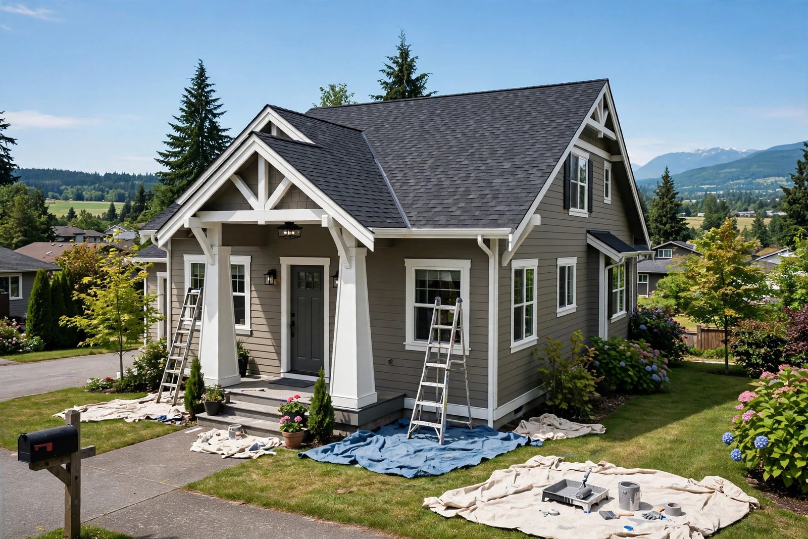 Craftsman-style house with warm taupe siding, white trim and a dark front door being repainted, with ladders and drop cloths