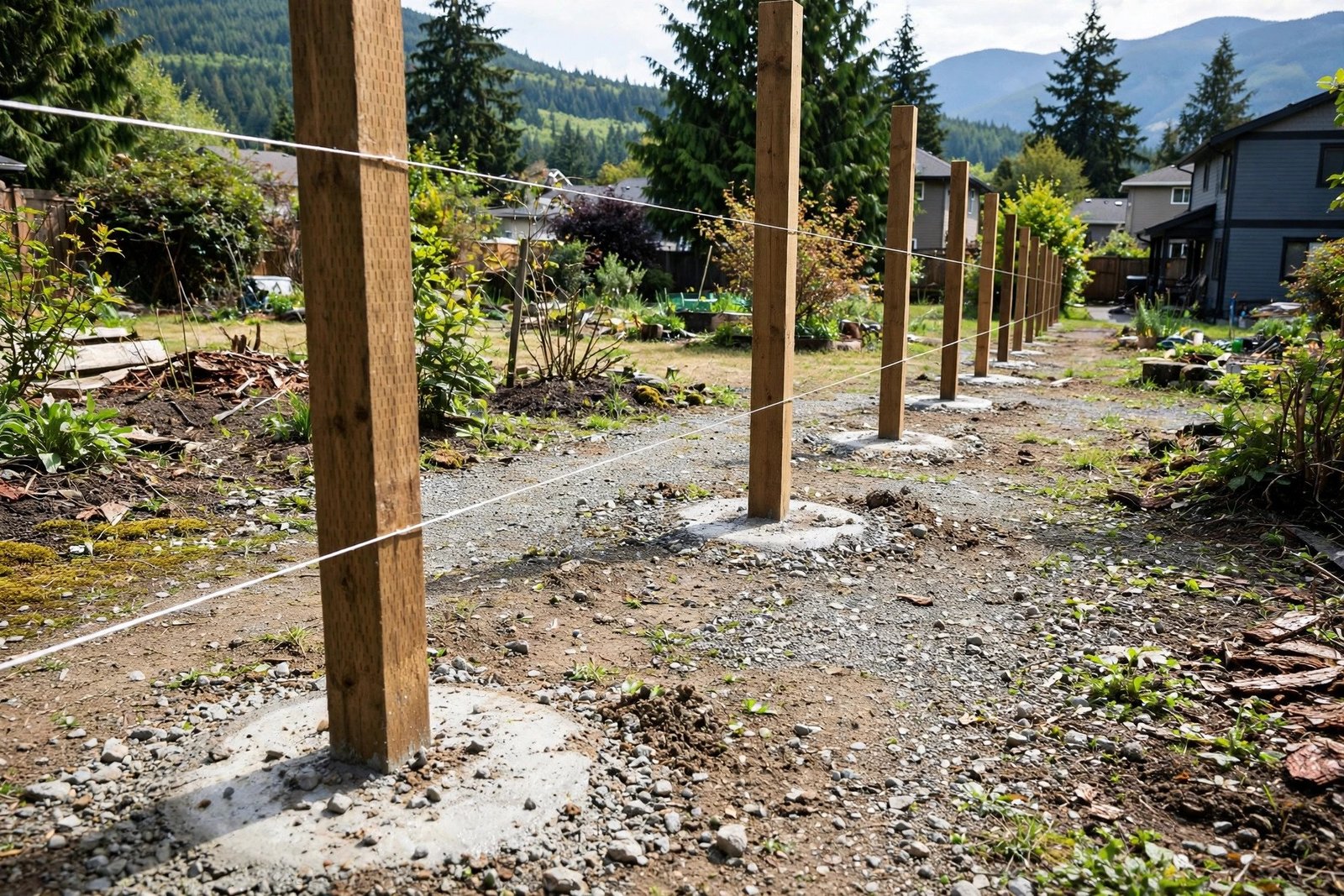 Fence posts set in concrete with string line marking a straight run