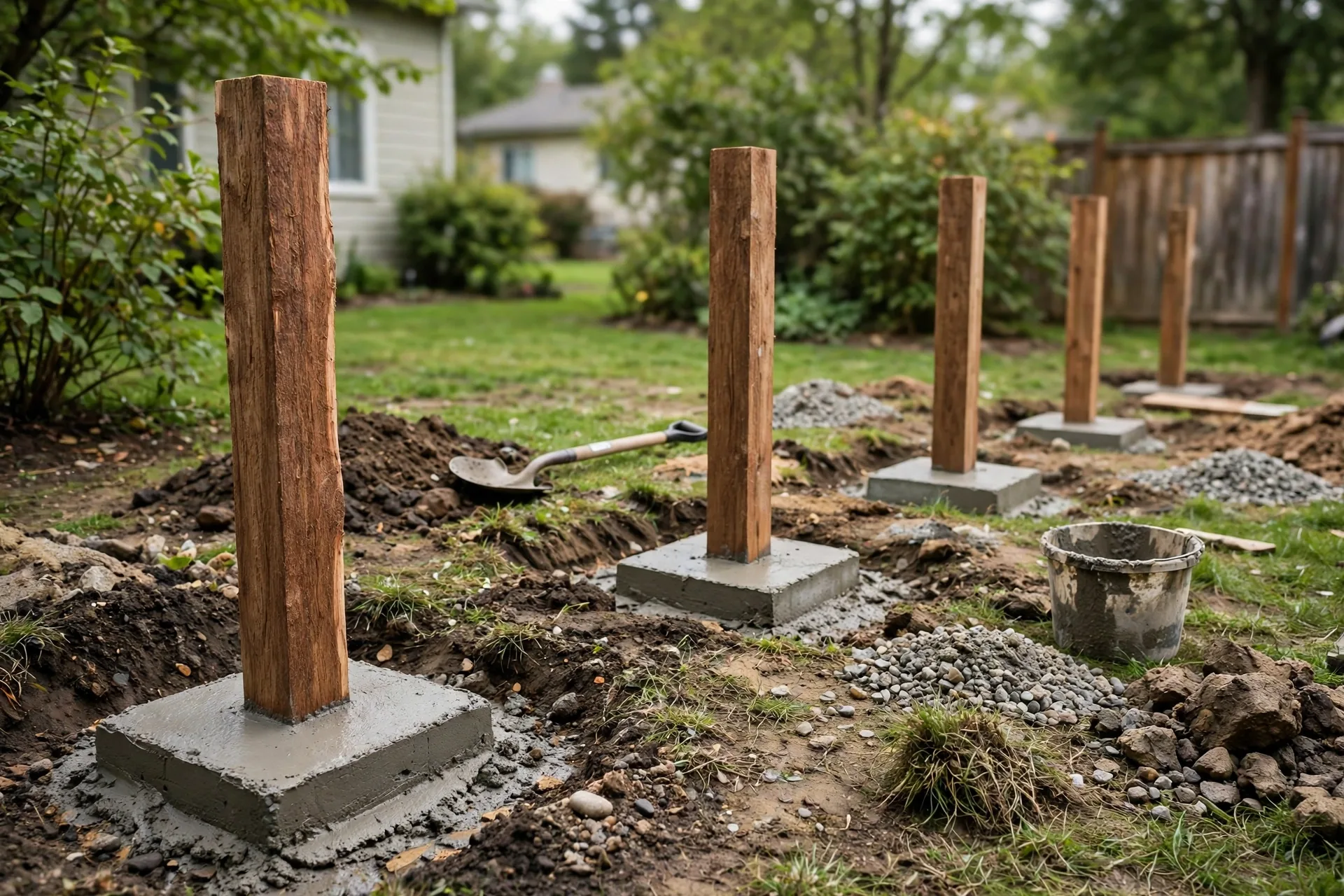 cedar privacy fence installation in progress in a BC backyard with posts set in concrete footings