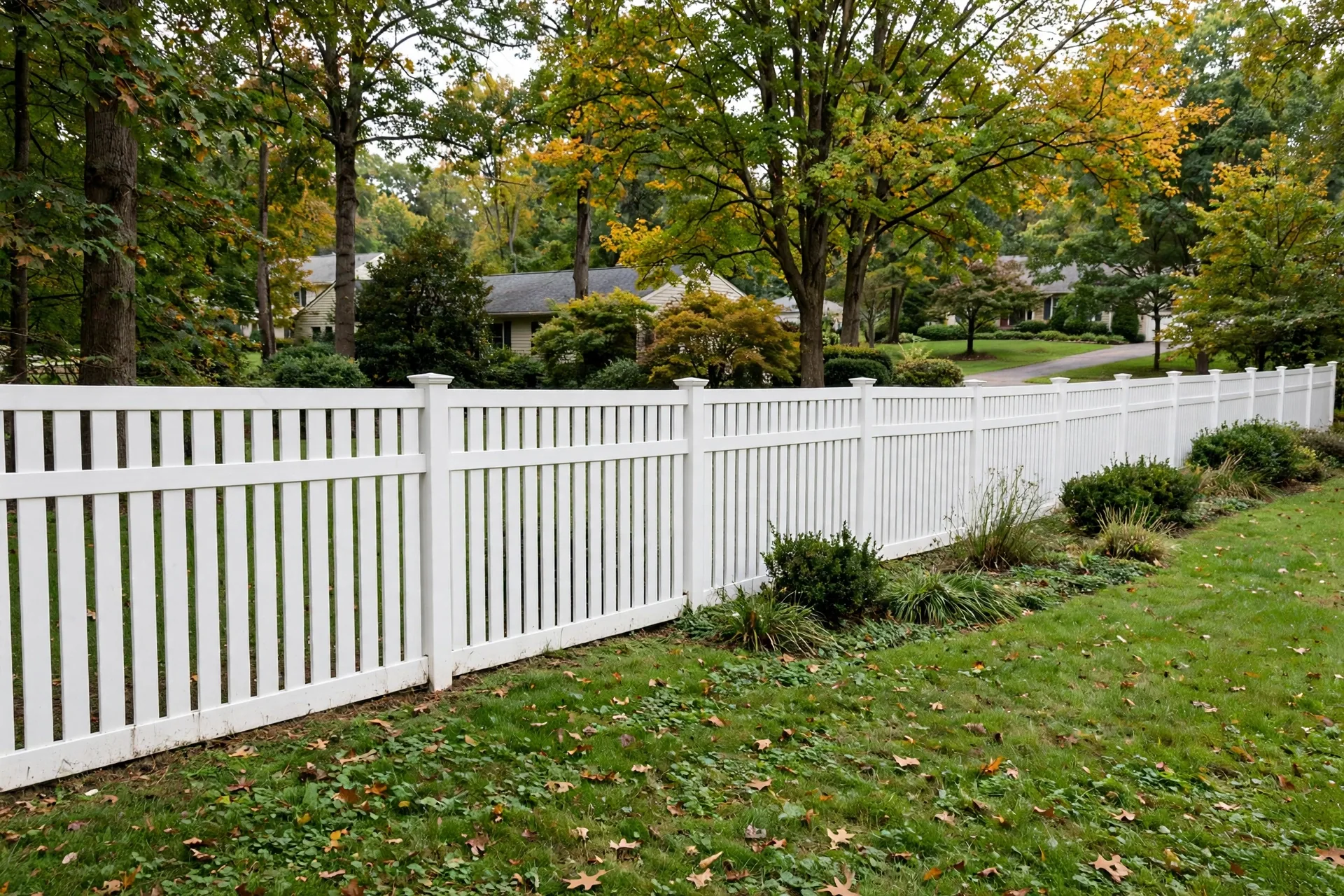 finished vinyl privacy fence along a BC property line with a walk gate and post caps
