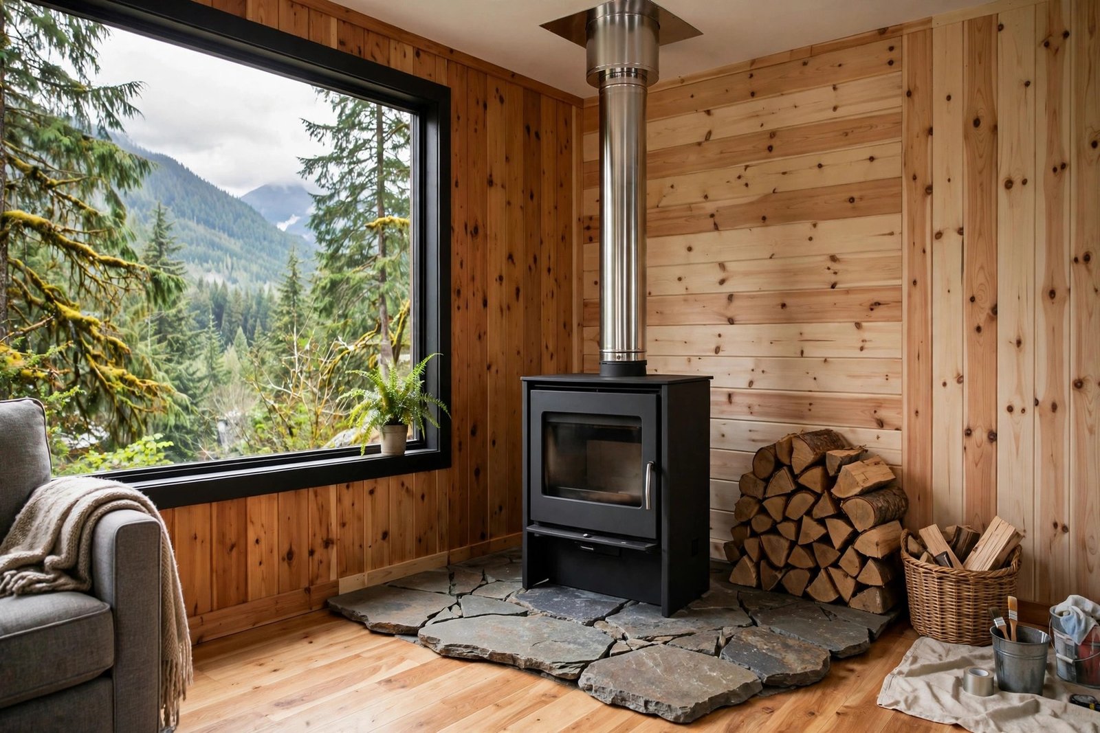 wood stove replacement in a BC home with new flue pipe and stone hearth pad