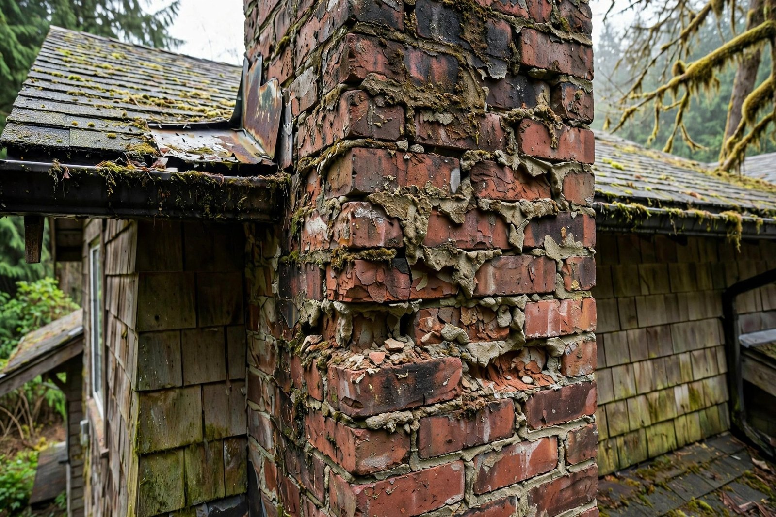 close view of aging brick chimney with deteriorated mortar joints needing repointing on a BC home