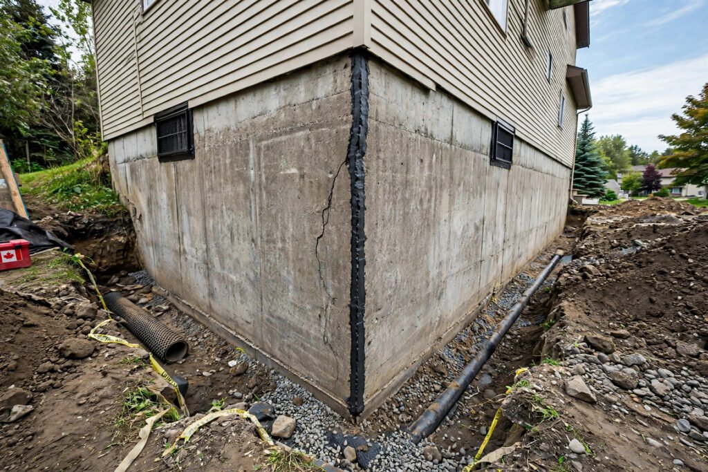 foundation repair cost BC — exposed concrete foundation wall with a sealed repaired crack on a BC home