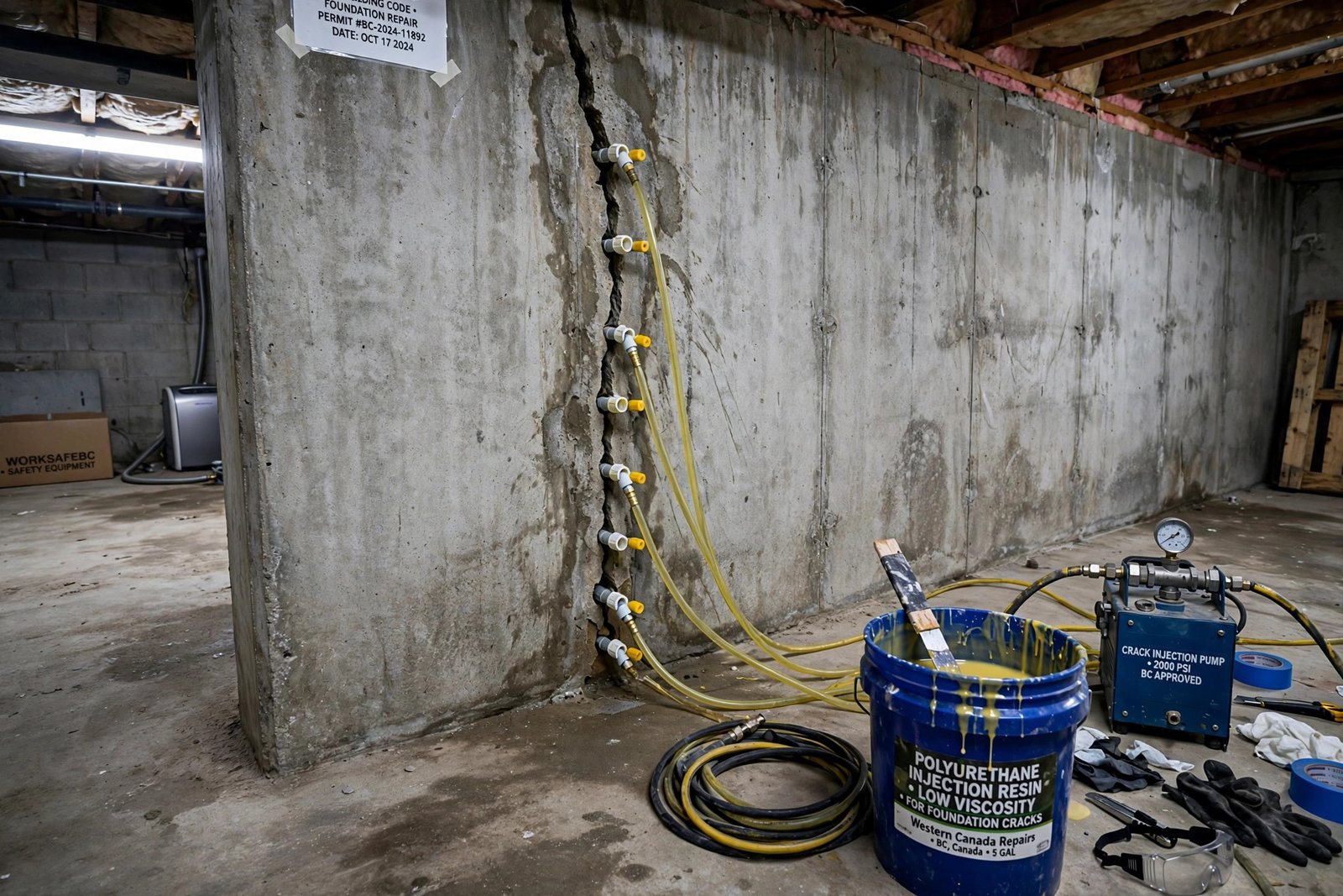 foundation crack injection repair in progress in a BC basement with injection ports set along a wall crack