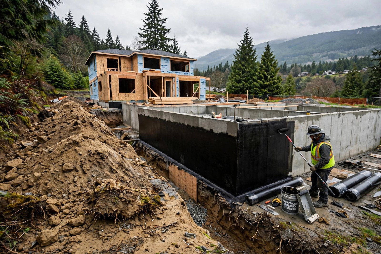 excavated foundation wall on a Fraser Valley home with an exterior crack repair and waterproof membrane being applied