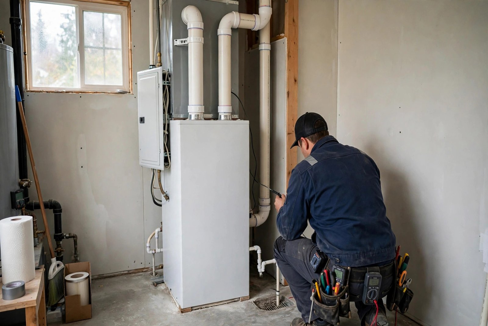 technician commissioning a new high-efficiency gas furnace with PVC venting in a BC home utility room