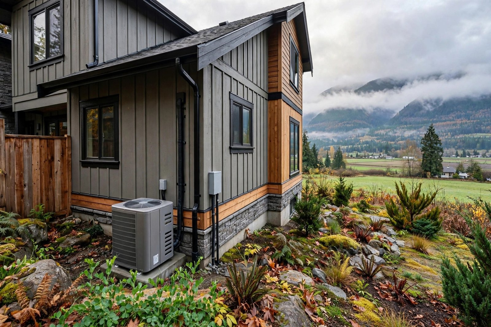 outdoor unit of a cold-climate heat pump installed beside a Fraser Valley home as an alternative to gas furnace replacement