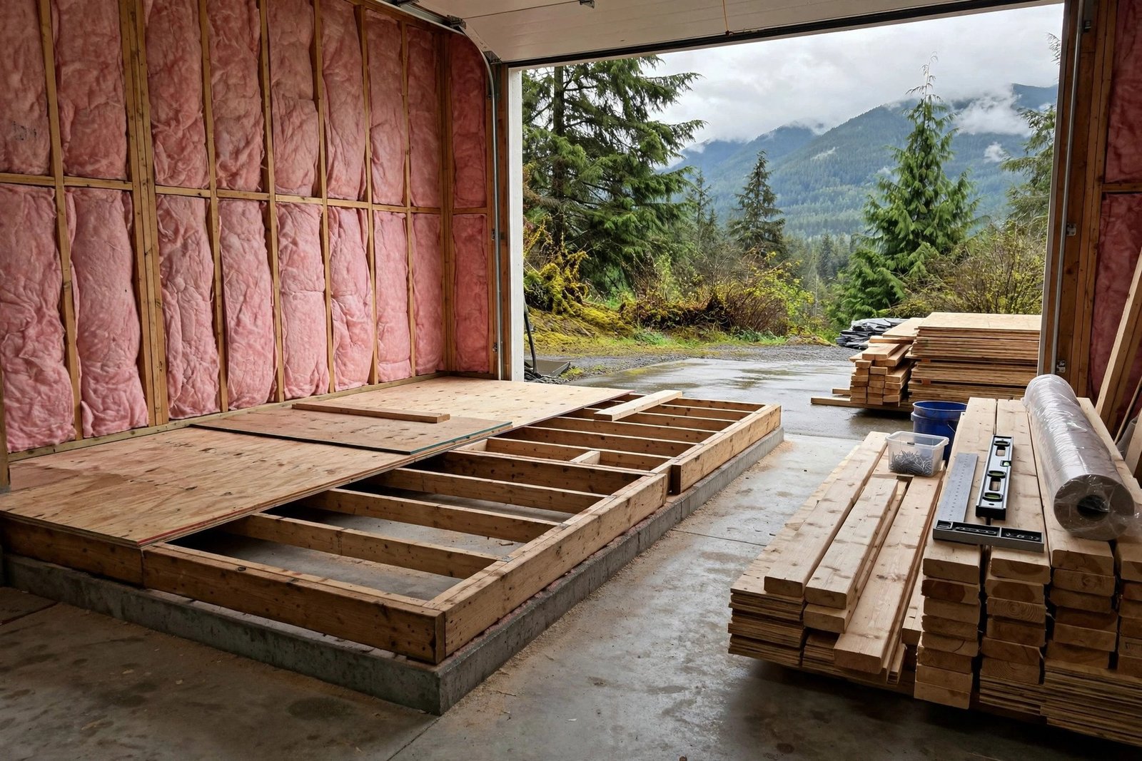 Garage conversion in progress in BC with insulation installed and floor being raised over the slab