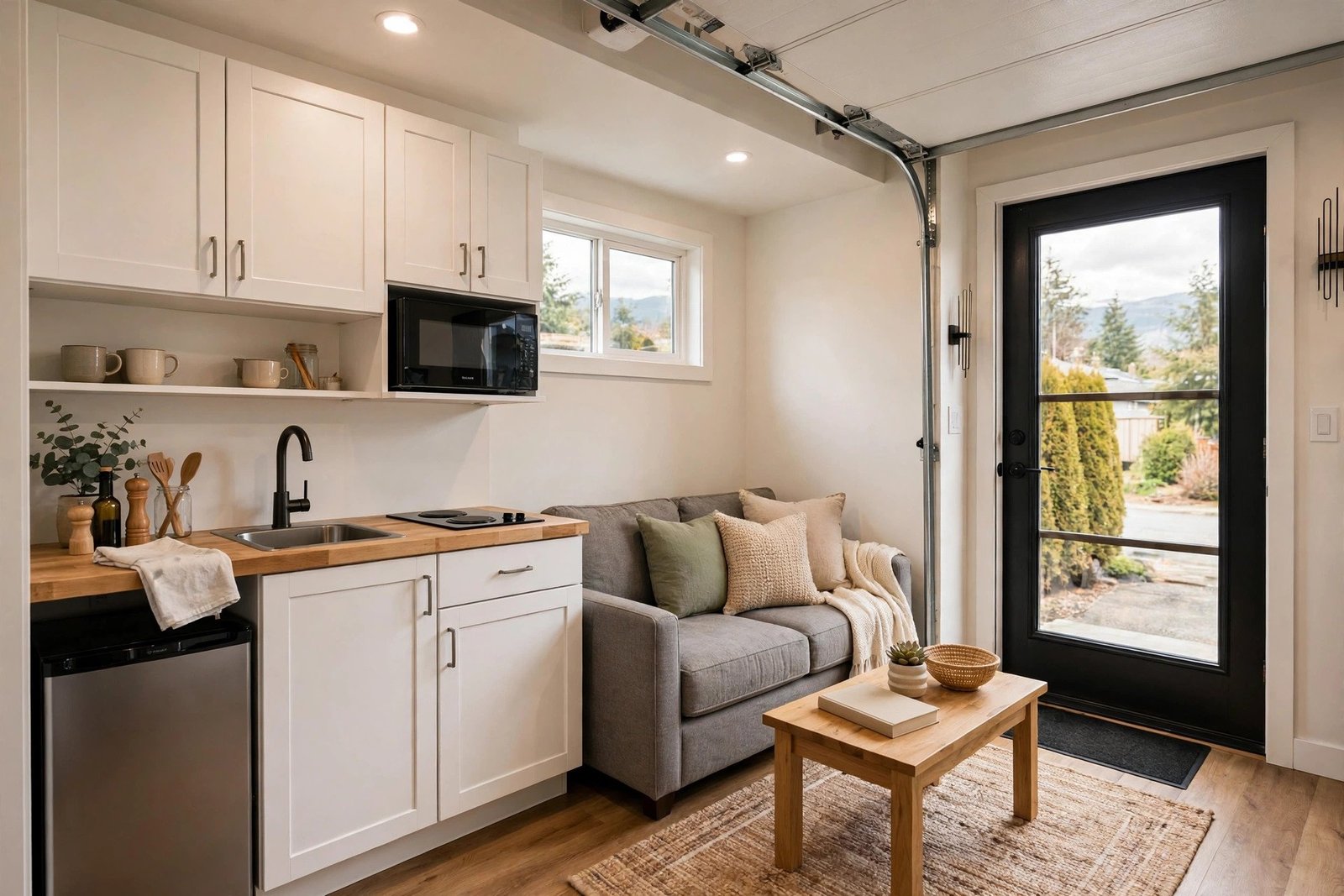 Finished garage conversion used as a legal secondary suite with kitchenette in Abbotsford BC