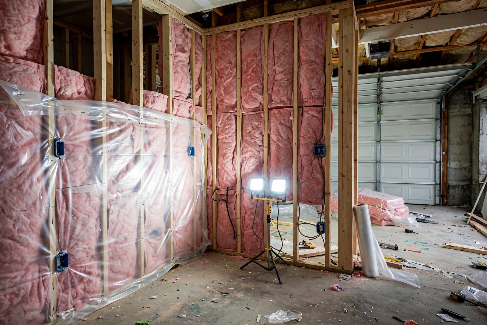 Garage interior framed and insulated during a legal suite conversion in BC