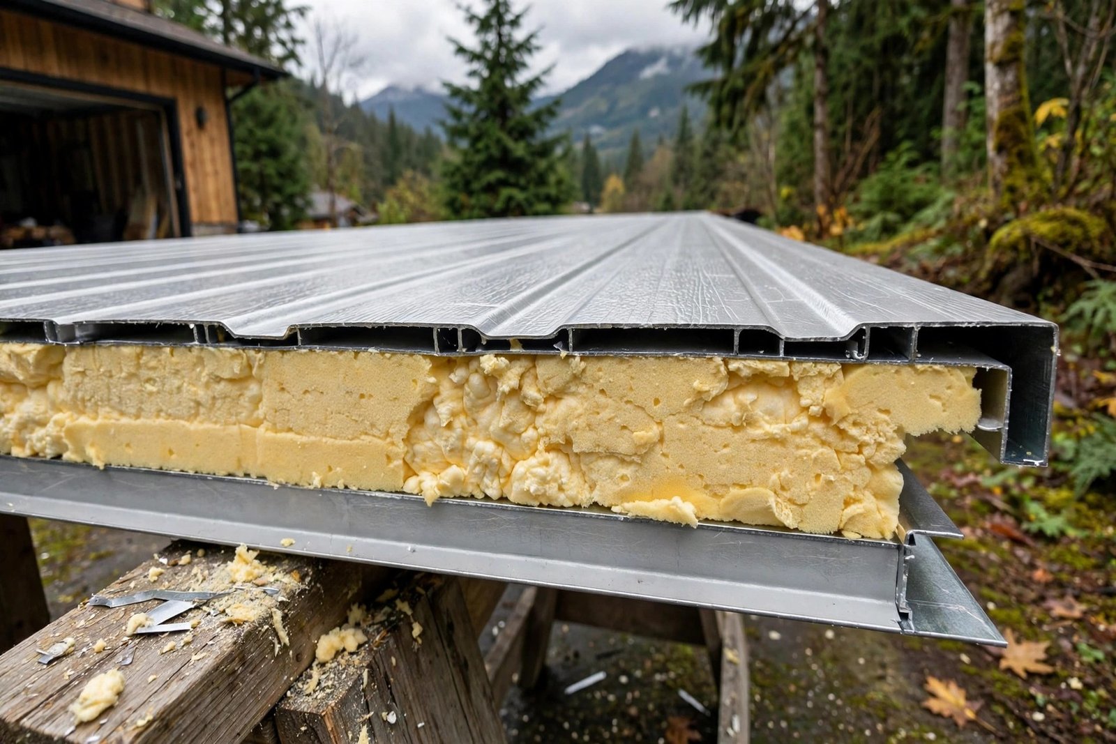 cross-section of an insulated garage door panel showing polyurethane foam core between steel skins on a replacement door in BC