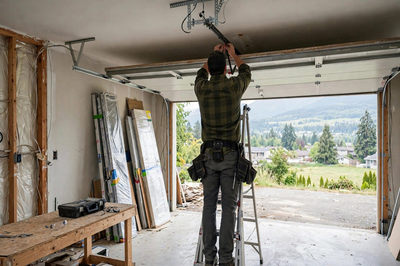 installer fitting a new belt-drive garage door opener motor unit to the ceiling of a Fraser Valley garage during door replacement